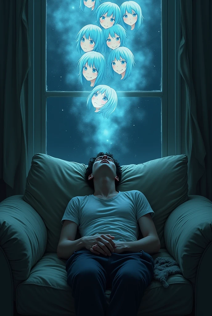 very tired-looking man is lying on sofa in the dark room with his eyes closed wearing worn-out clothes and in his imaginary world who has a big bright haze over his head and in the haze anime girls are smiling happily