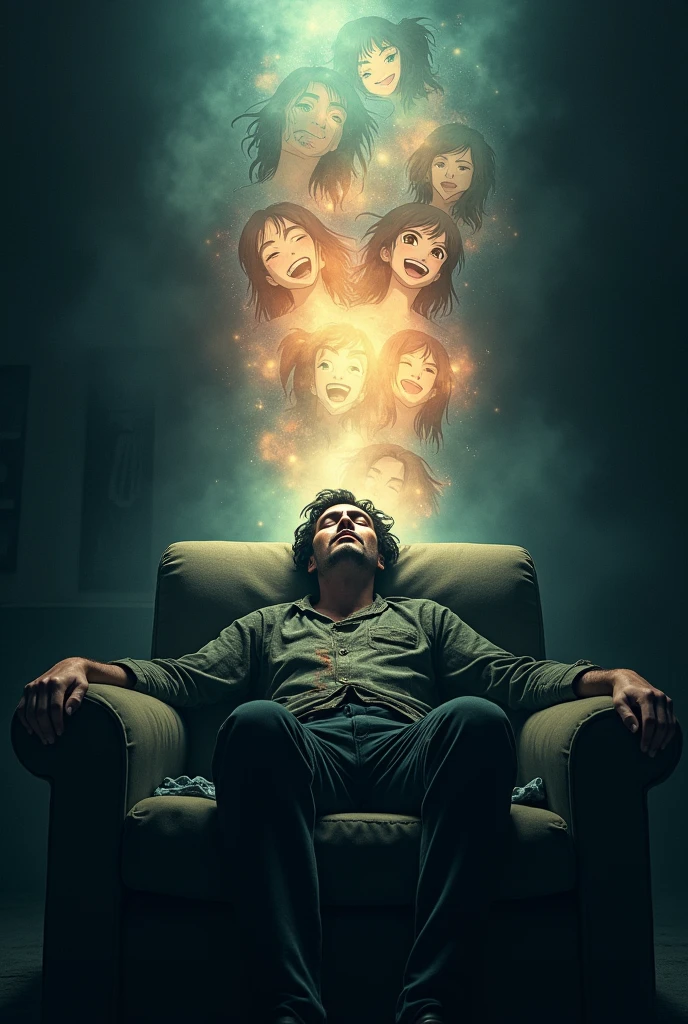 very tired-looking man is lying on sofa in the dark room with his eyes closed wearing worn-out clothes and in his imaginary world who has a big bright haze over his head and in the haze anime girls are smiling happily