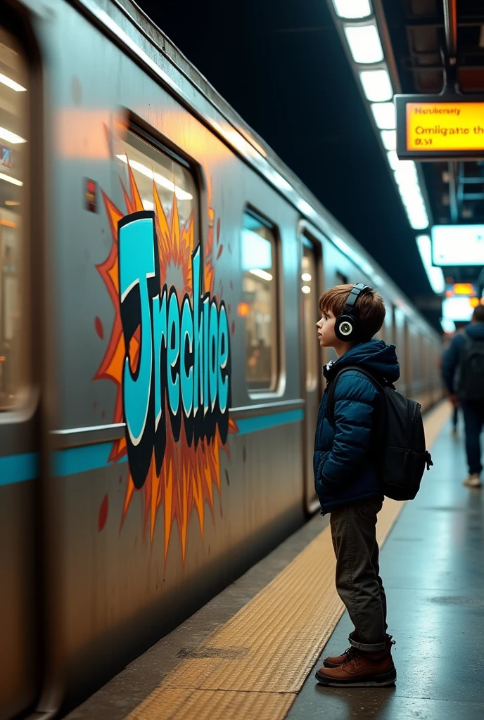 A brand am6uth is painted in metro train and the passenger boy with headphone on platform he is looking that painting curiously
