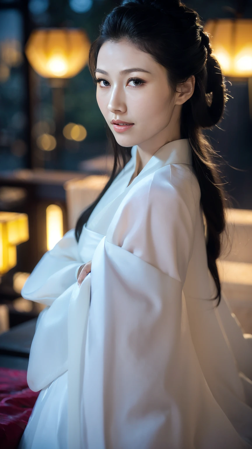 1 Fashion Model [[[[close up]]]], [[[[neck]]]], [[[[Shoulder]]]], (((Complete head)))，(((Complete hairstyle)))，Perfect eyes, Perfect Iris，Perfect lips，Perfect Teeth，Perfect skin，White skin，Soft headlights，High-density imaging，Black long hair，（Clean and delicate face），((Simple white Hanfu))，((Half-length photo))，((night))，((Chinese Lanterns))，((Various dynamic poses))，((The background is the bedroom))，best quality，masterpiece，（Soft colors：1.2）
