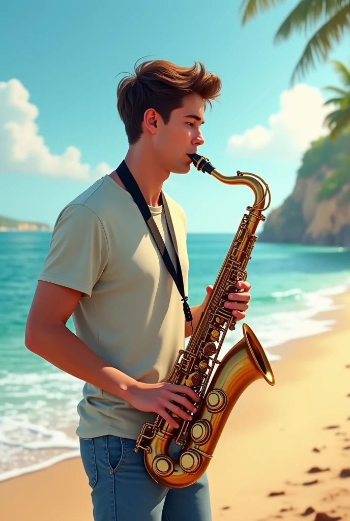 A male college student playing the saxophone on the beach