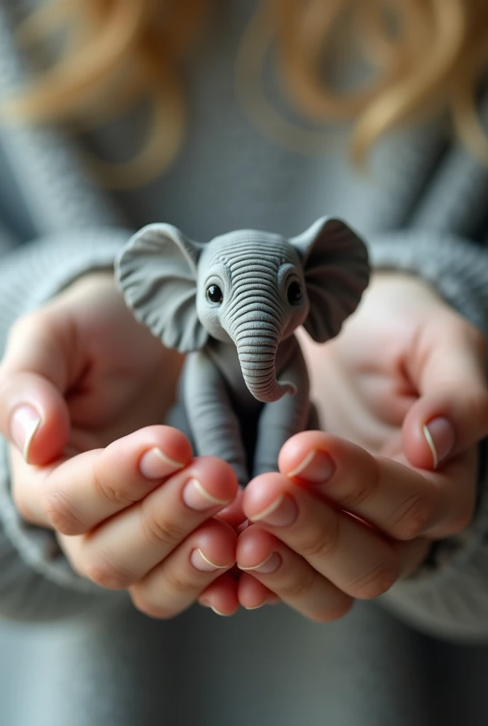 I need a picture of a small elephant, so small, to be held by a woman's hand in her hands