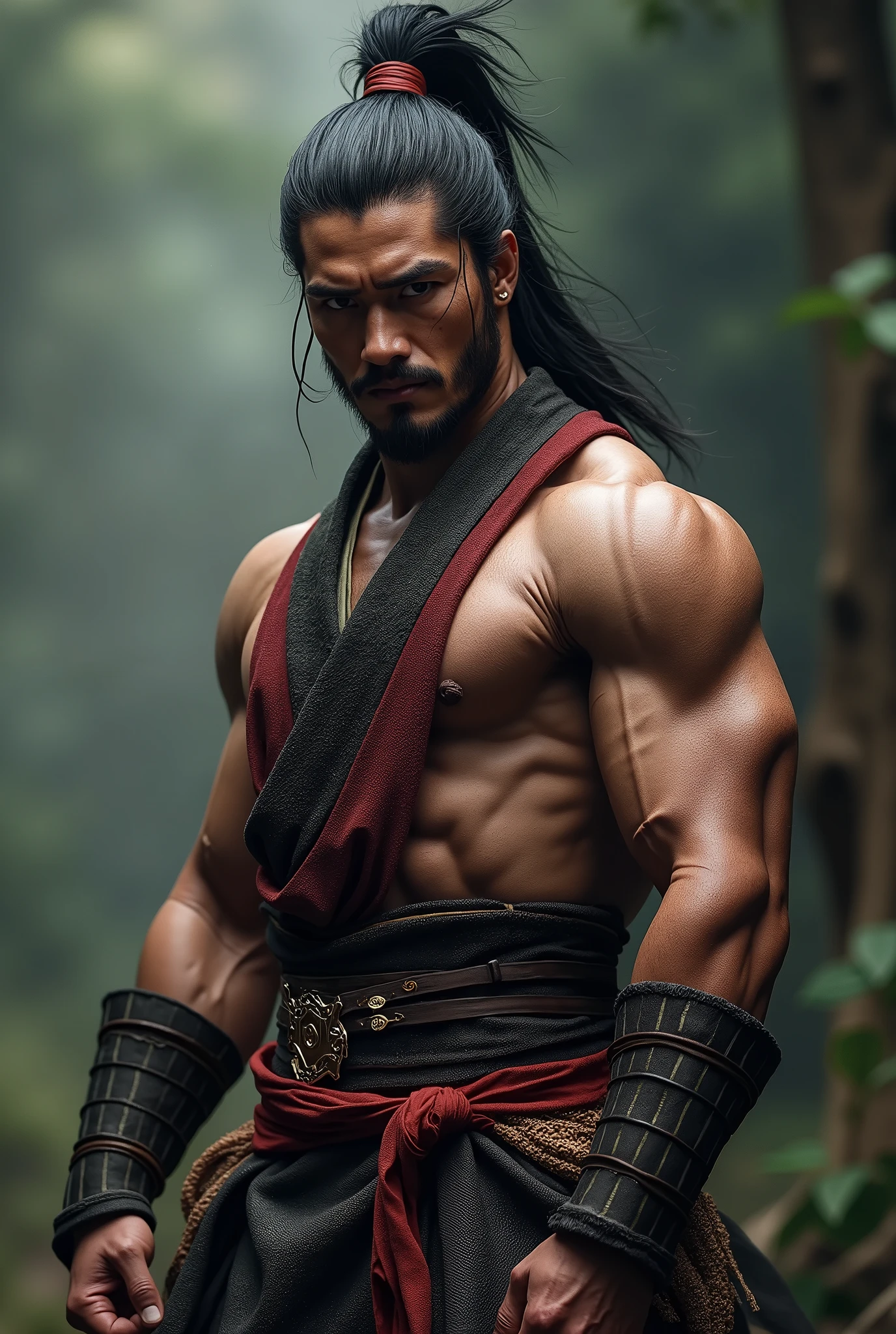 samurai warrior, ((masterpiece, highest quality, Highest image quality, High resolution, Raw photo, 8K)), ((Extremely detailed CG unified 8k wallpaper)), (huge stunning warrior shot, full body, musclural body beauty:1.4), black hair, black hair, nervous, Posing for the camera, In a warrior fighting stance, tall, rugged man with a distinctive wild, unkempt appearance, often depicted with a disheveled topknot and simple, battle-worn clothing, reflecting his focus on substance over style., photorealistic, 16k, 8k, 4K, award winning