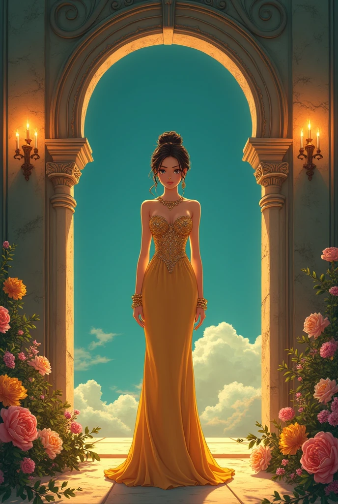 Create a anime style image. Highly stylized and dramatic portrait featuring a woman standing in an ornate, arched stone doorway. The background is a rich teal color, contrasting with the warm, golden lighting from the candelabras on either side. The woman has a medium skin tone and is wearing an elegant, form-fitting golden gown with intricate beadwork and embellishments on the bodice. Her hair is styled in an updo, and she is adorned with gold jewelry, including bracelets and earrings. The setting is lush with floral arrangements, adding to the opulent and regal atmosphere.