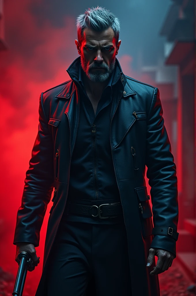 ((best quality)), ((masterpiece)), (detailed), perfect face image for game frame of a dangerous man with weapons in a war with angry mood and body language , with smokey red , blue and black back ground 
