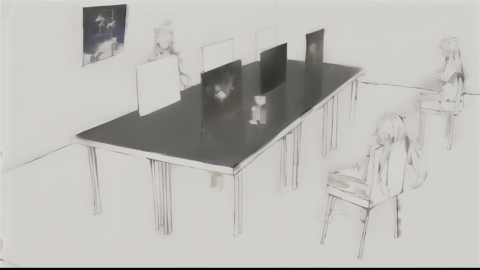 Room，illustration，girl，有三个girl坐在椅子上打游戏，Room里有桌子和，The painting style is cute，Double tail
