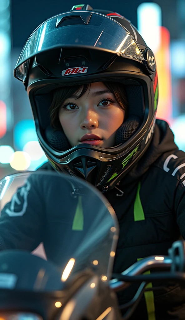 very beautiful Japanese high school girl, about to Ride on a off-road motorcycle, at downtown at night, dramatic scene, masterpiece, (face focus:1.3), clear helmet visor, beautiful eyes, Kawasaki bike, Shoei helmet, (wearing off-road rider's outfits)