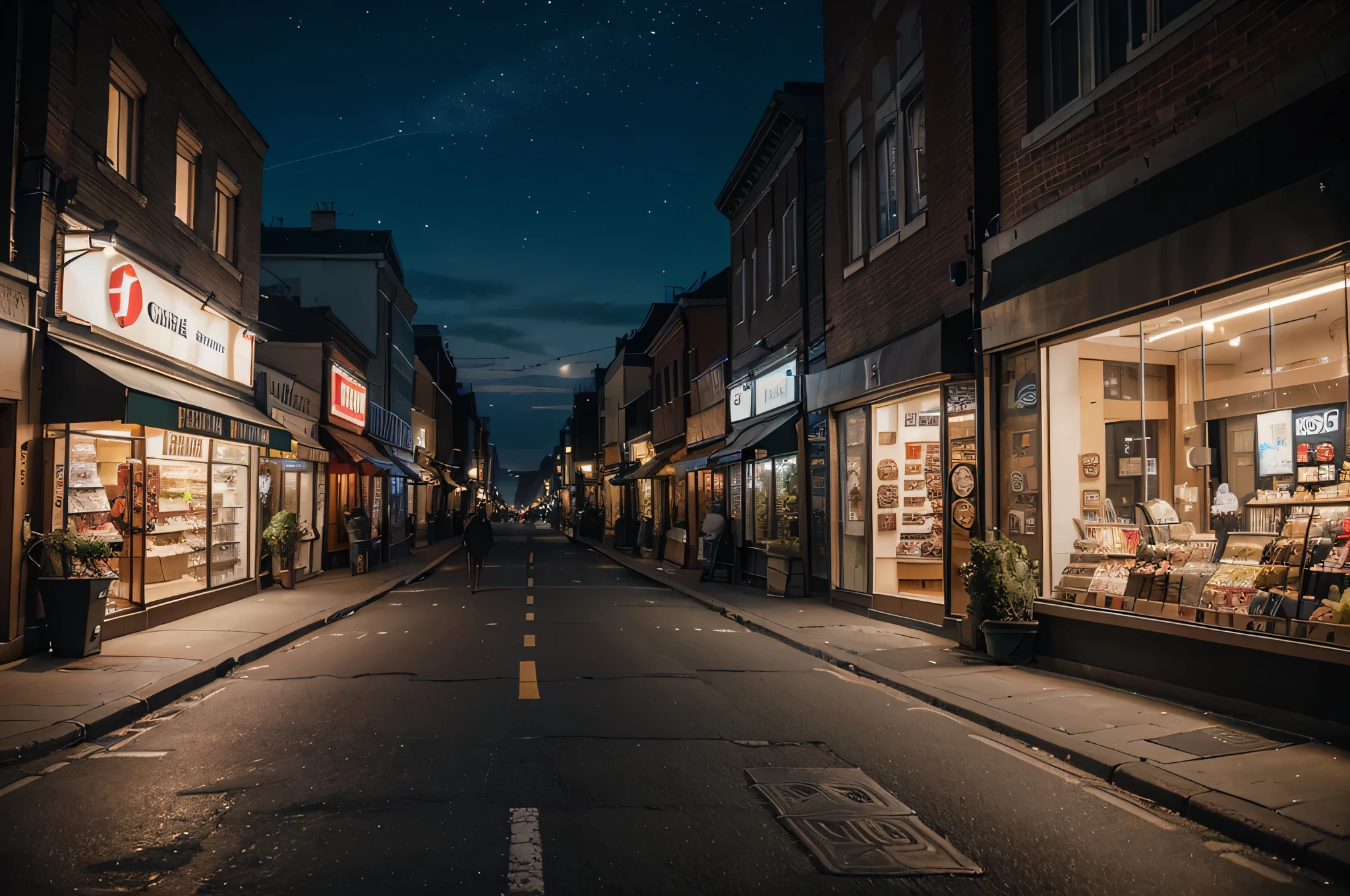 quiet night at city, POV, walking on street view, realism, ultra HD result, 4k, very detailed, midnight, no lights, closed stores, no people