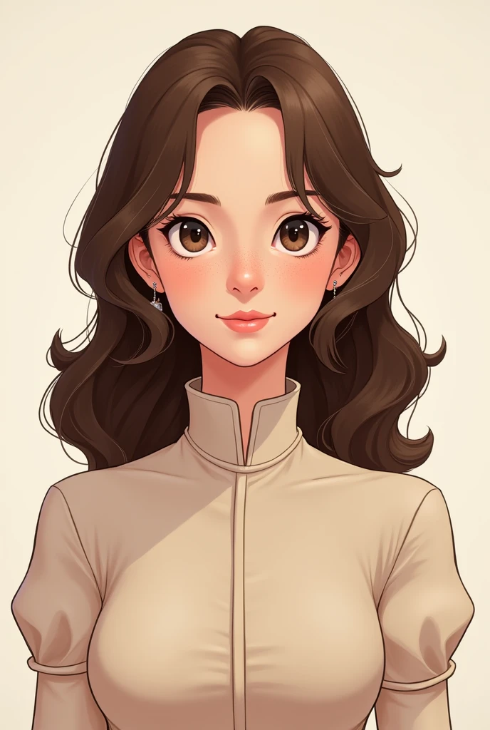 princesselise, stark, brava, feminine, femininity, white, medium brown hair, long hair, Wavy hair, medium brown eyes, nose hand is thin, White, few freckles on the nose, not very thin, round face, drawning, animation, Round face, dress closed to the neck, high collar dress