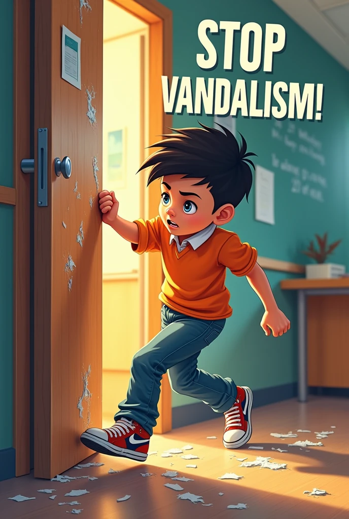 make a poster with the words "stop vandalism!". there is a picture of a boy kicking the classroom door.*