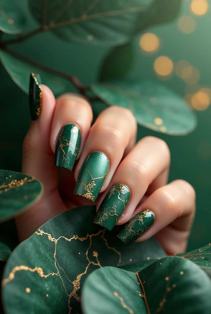 Make me nails inspired by green marble and gold