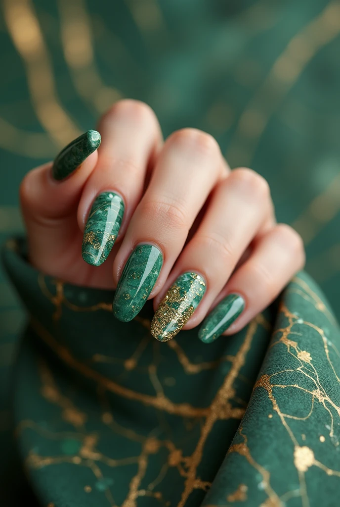 Make me nails inspired by green marble and gold