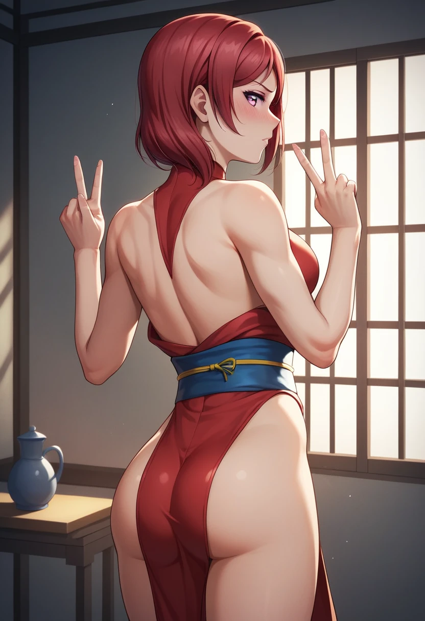 (Masterpiece, Best Quality, High Quality), from behind,volumetric lighting, illustration, beautiful , Blushing, indoors,solo, perfect lighting, perfect shadows, nishikino maki, love live, purple eyes,red hair, v-cut leotard,red pelvic curtain ,obi,standing ,arms down, hands down ,mortal Kombat style