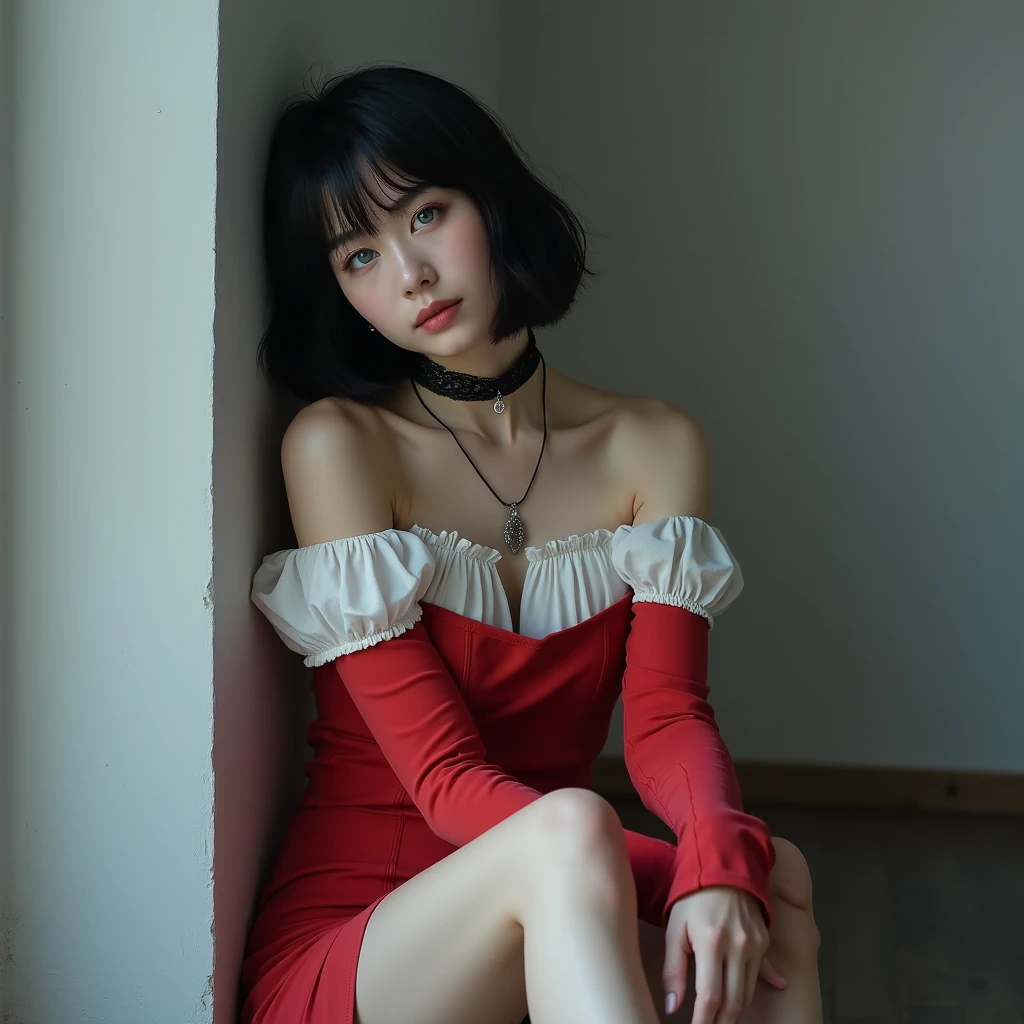 (RAW Photos, Highest quality, masterpiece: 1.2), (Realistic: 1.4), Best lighting, 20-year-old, (light black hair, Short Bob Cut, Divide your hair into 3/7ths, hair above one ear, :1.15), (Symmetrical blue, clear eyes, alone, Mid-chest, Detailed skin, :1.2), ((Pale gray walls and floor, Photo studio, Sitting on the floor, Sit leaning against a wall, Red and white off-the-shoulder short dress, black lace choker, Slender necklace, Wearing black high heels, Beautiful legs, Cinema Lighting, Sensual look, From the side))