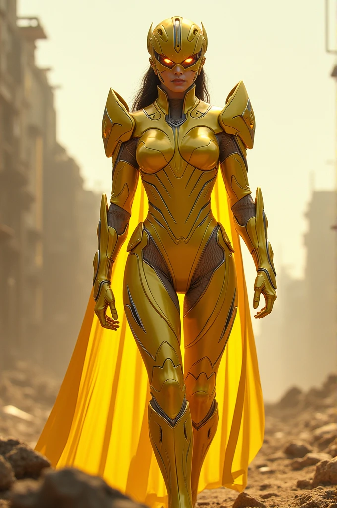Yellow Power Ranger girl with full shining armor covering her whole body