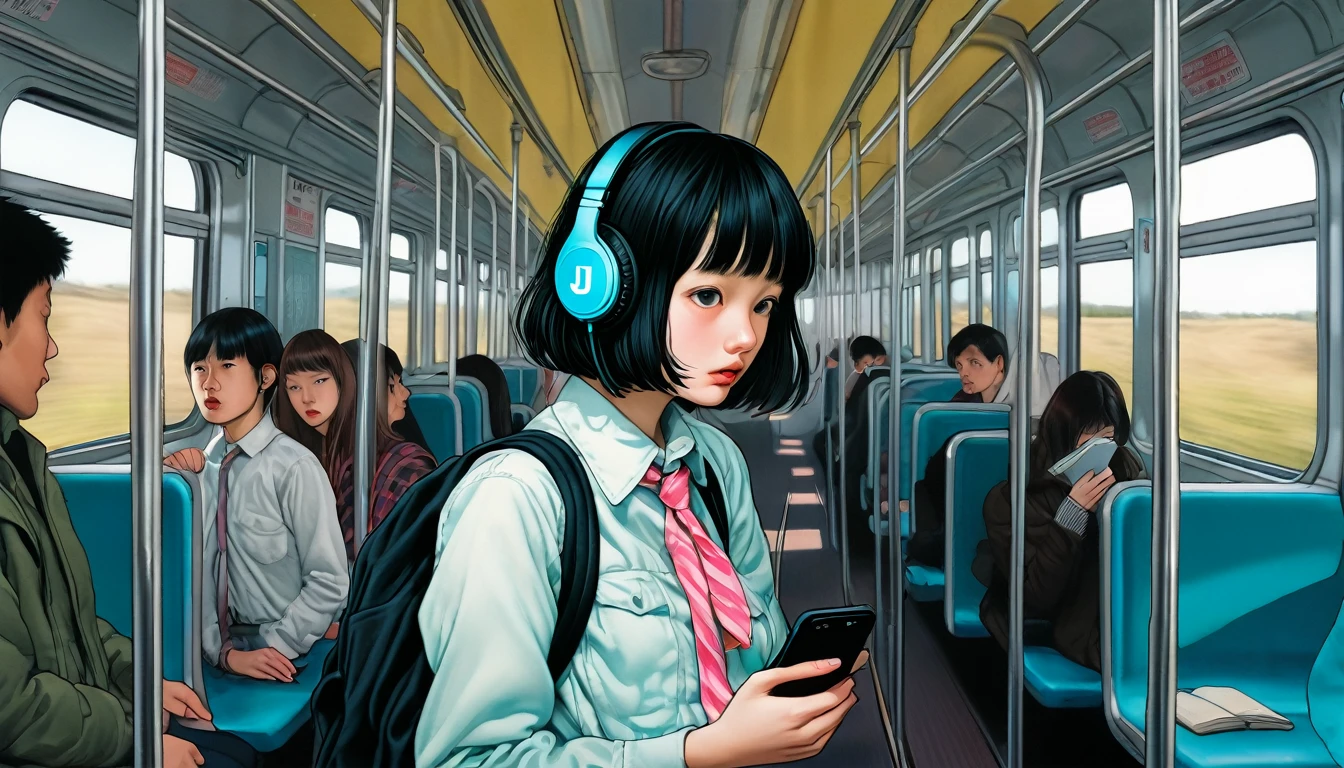 An illustration、art、Supervised by Junji Ito、Overaction、Overreaction、Pretending to be scared、Attention to detail, Realistic shadows、Analog Style, chromatic aberration, Surrealism、train、headphone