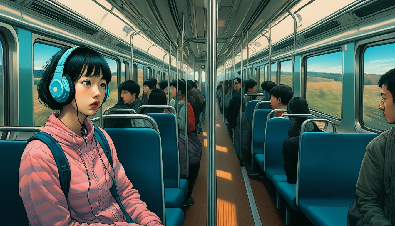 An illustration、art、Supervised by Junji Ito、Overaction、Overreaction、Pretending to be scared、Attention to detail, Realistic shadows、Analog Style, chromatic aberration, Surrealism、train、headphone