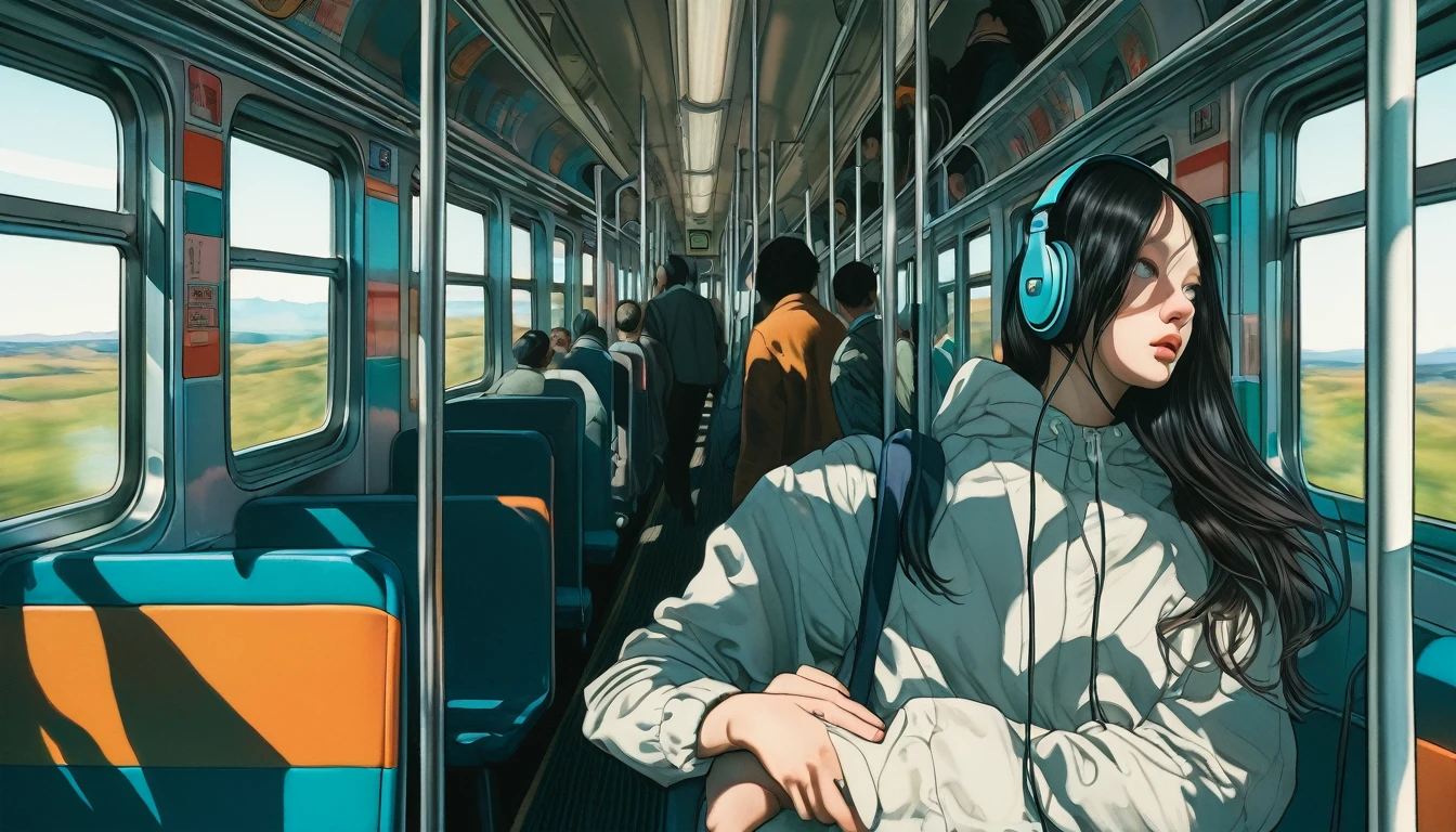 An illustration、art、Supervised by Junji Ito、Overaction、Overreaction、Pretending to be scared、Attention to detail, Realistic shadows、Analog Style, chromatic aberration, Surrealism、train、headphone