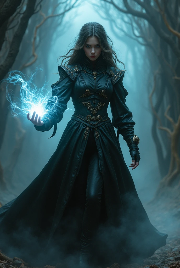 A Woman with light in her hand and surrounded with dark energy and she has a dark clothes with cloak and dress made with leather 