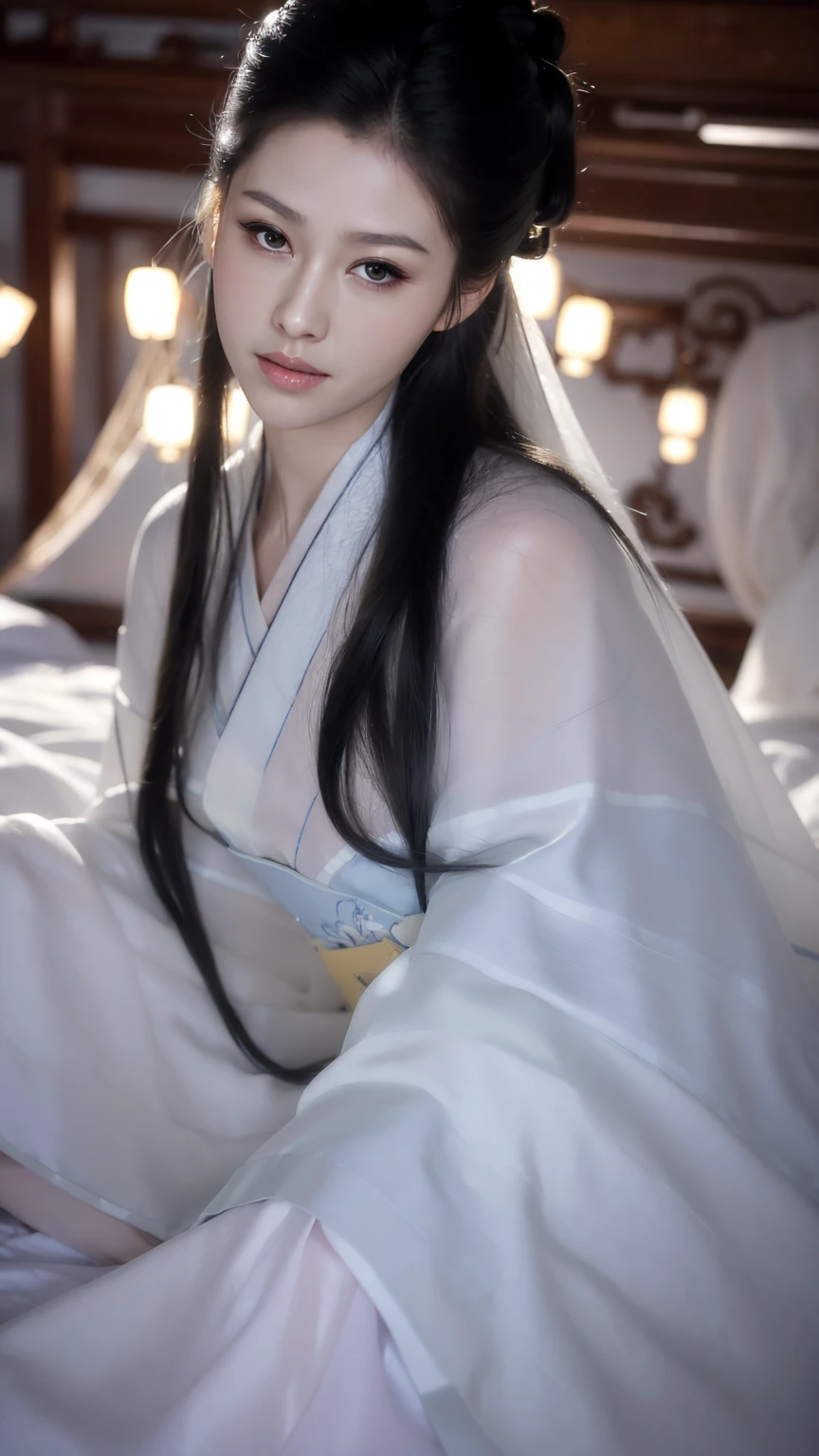 1 Fashion Model [[[[close up]]]], [[[[neck]]]], [[[[Shoulder]]]], (((Complete head)))，(((Complete hairstyle)))，Perfect eyes, Perfect Iris，Perfect lips，Perfect Teeth，Perfect skin，White skin，Soft headlights，High-density imaging，Black long hair，（Clean and delicate face），((Simple white Hanfu))，((Half-length photo))，((night))，((Chinese Lanterns))，((Various dynamic poses))，((The background is the bedroom))，best quality，masterpiece，（Soft colors：1.2）