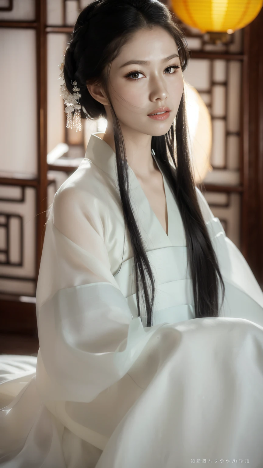 1 Fashion Model [[[[close up]]]], [[[[neck]]]], [[[[Shoulder]]]], (((Complete head)))，(((Complete hairstyle)))，Perfect eyes, Perfect Iris，Perfect lips，Perfect Teeth，Perfect skin，White skin，Soft headlights，High-density imaging，Black long hair，（Clean and delicate face），((Simple white Hanfu))，((Half-length photo))，((night))，((Chinese Lanterns))，((Various dynamic poses))，((The background is the bedroom))，best quality，masterpiece，（Soft colors：1.2）