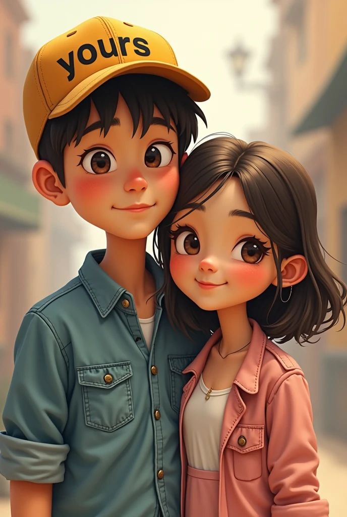 A guy wearing a rusty blue shirt and a yellow cap that has YOURS written in black infront of it and is wearing a black jeans whose left hand is held by a cute and bit chubby girl who is wearing a light pink and white colored long dress that has a elbow length light pink colored coatie and her hair is open and comes about lower than her shoulders and she is resting her head over the guys shoulder and both are happy and in Love with each other both are facing front and with a smile and they are looking direct on the front screen