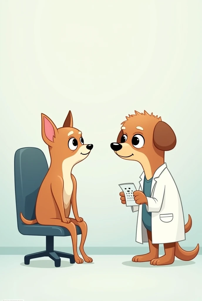 Q version cartoon style,Minimalism,Chihuahua patient listening to toy poodle ophthalmologist, In the examination room,Sitting in a chair,Eye test results,