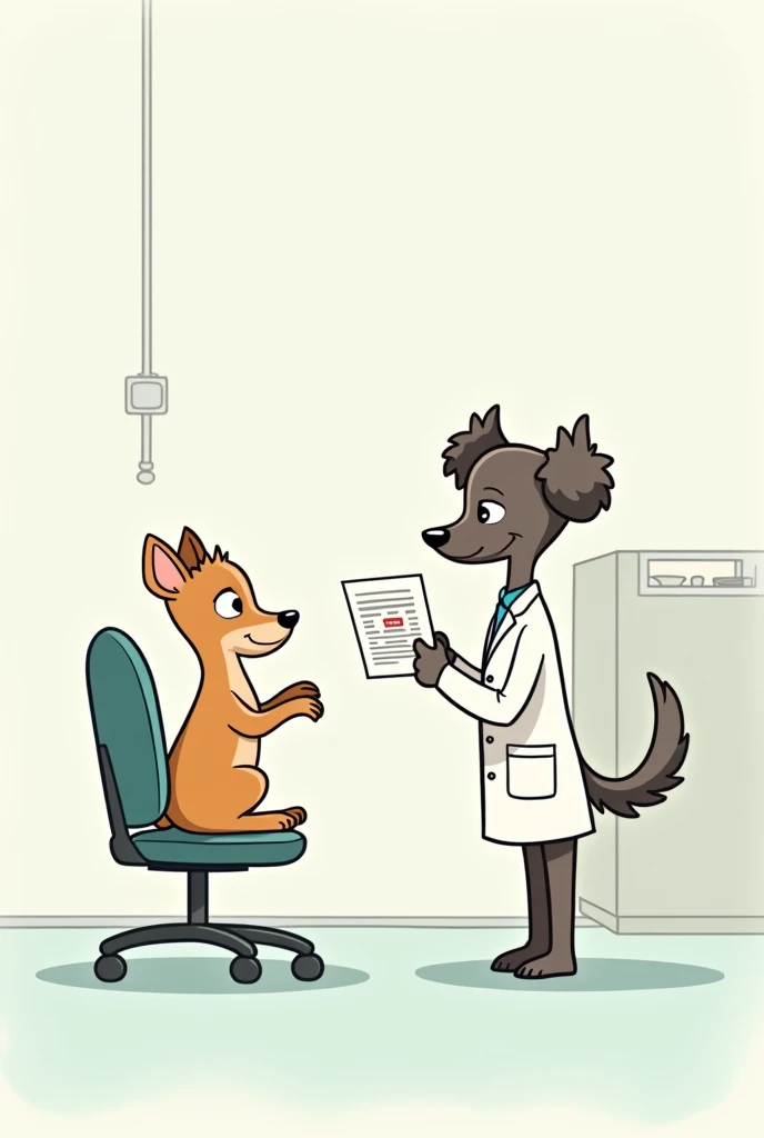 Q version cartoon style,Minimalism,Chihuahua patient listening to toy poodle ophthalmologist, In the examination room,Sitting in a chair,Eye test results,