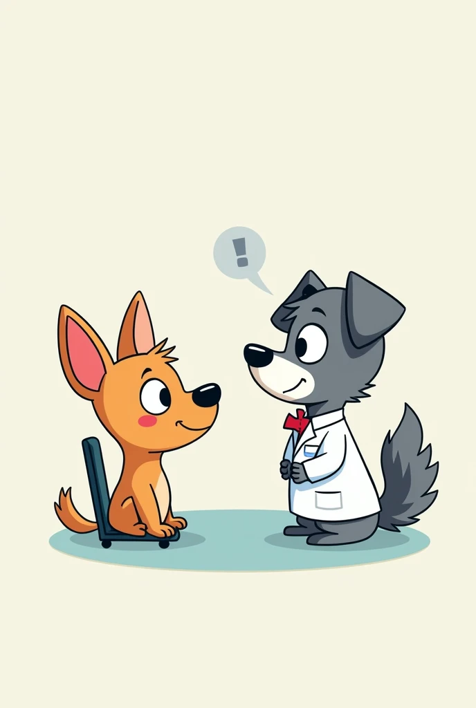 Q version cartoon style，Minimalism，Chihuahua patient listening to toy poodle ophthalmologist, In the examination room,Sitting in a chair,Eye test results,