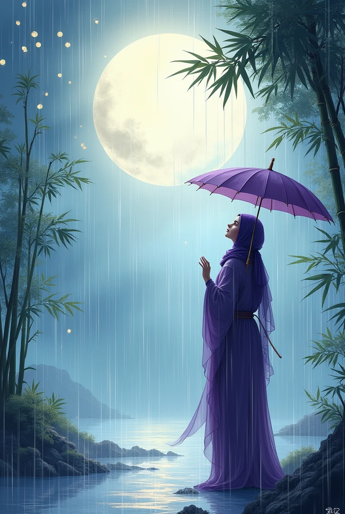 dynamic ink painting of Macca of Arabic, great art, great sense of depth, ground level shot, shining through rainwater,(pale blue\) with a light overcast, beautiful woman\(ancient Arabic noble, beautiful niqab, beautiful long purple hijab\) looking up at the moon holding an umbrella,raining softly, fireflies flying around, bamboo leaves are placed three-dimensionally in the foreground, long distance shot,limited color