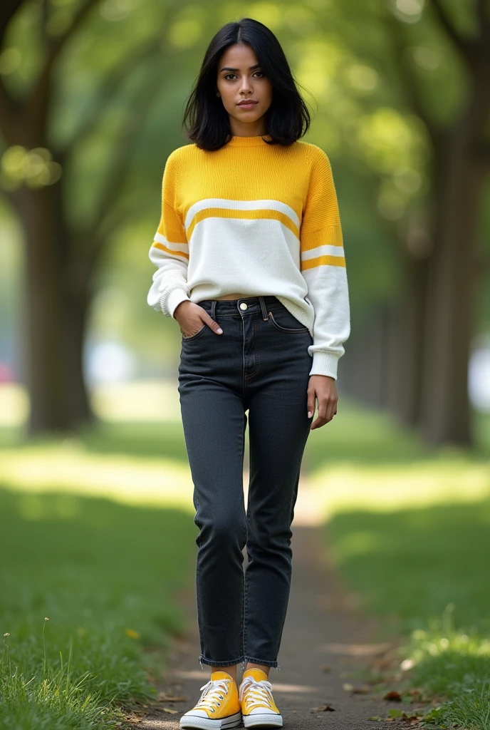 beautiful brunette caribean latín girl, tanned skin, symetric eyes, perfect face, black bob hair, wearing a white sweater with horizontal yellow stripes, dark jeans, yellow Converse sneakers, in a park, ultra-detailed, full-body image
