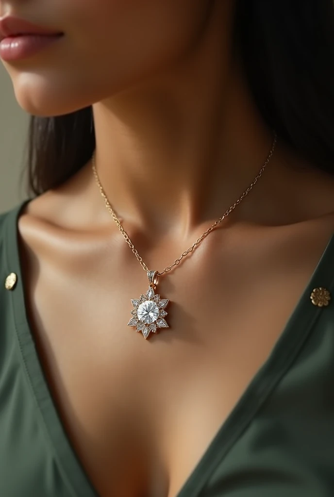 Nicklace with thin chain and a dimond with art work design with touch of gold