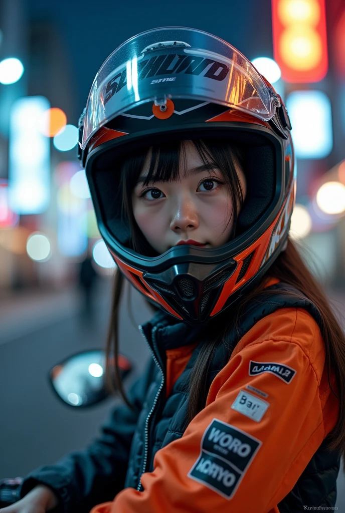 beautiful Japanese high school girl, about to Ride on a off-road motorcycle, at downtown at night, dramatic scene, masterpiece, (face focus:1.3), clear helmet visor, beautiful eyes, KTM bike, Shoei helmet, wearing off-road rider's outfits