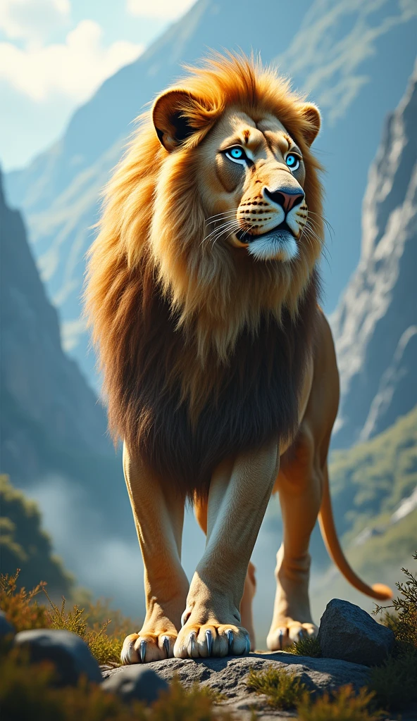 Generate an ultra realistic 8k image of a lion with blue eyes, strong and beautiful, big and beautiful place