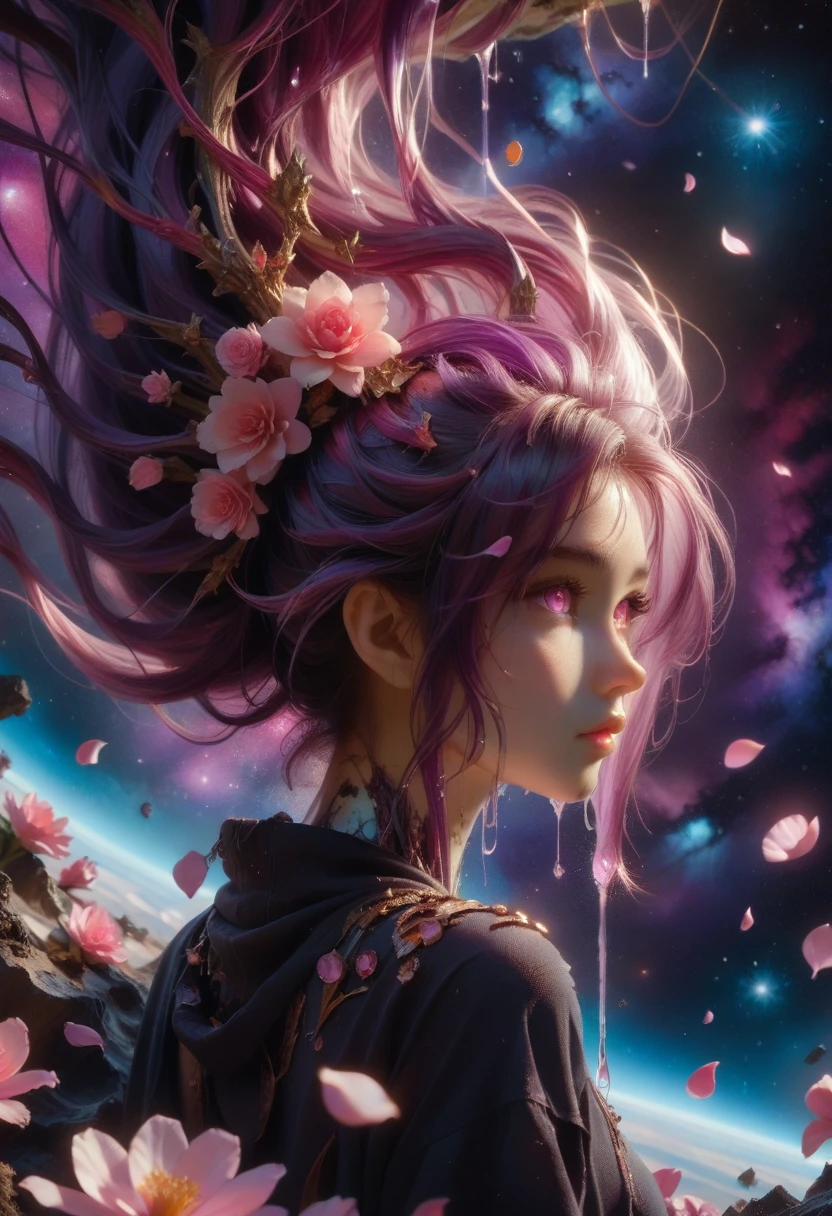 ((Masterpiece, Best Quality)), (Negative Space: 1.2), (1 Girl, Solo: 1.4), Petals, Pink Eyes, Dragon Girl, Long, Purple Hair, High Ponytail, Liquid Hair, Flowers, Dragon Background