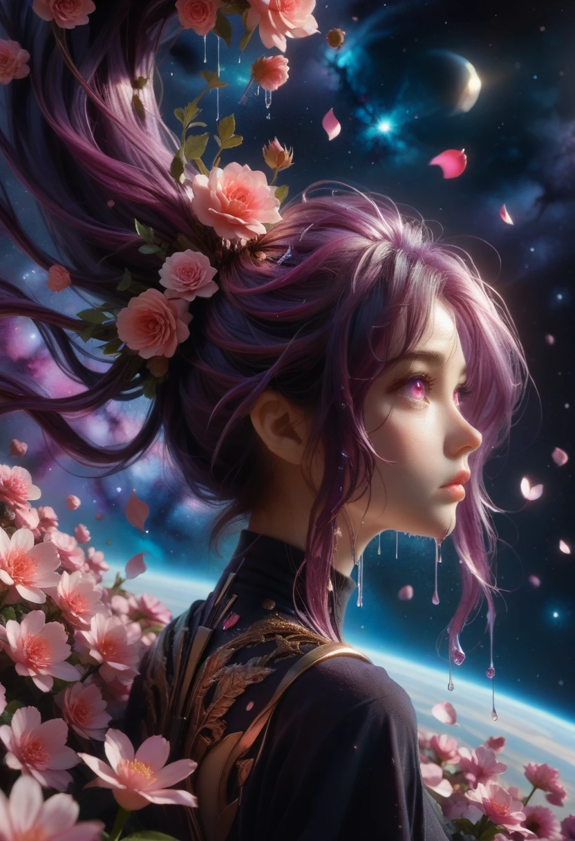 ((Masterpiece, Best Quality)), (Negative Space: 1.2), (1 Girl, Solo: 1.4), Petals, Pink Eyes, Dragon Girl, Long, Purple Hair, High Ponytail, Liquid Hair, Flowers, Dragon Background