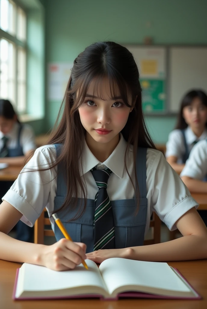 arafed woman sitting at a desk writing in a notebook, a hyperrealistic schoolgirl, hyperrealistic schoolgirl, full subject in shot, realistic schoolgirl, full subject, sat at her desk, full subject shown in photo, full subject in view, school girl, in a classroom, cute schoolgirl, dressed as schoolgirl, perfect expression