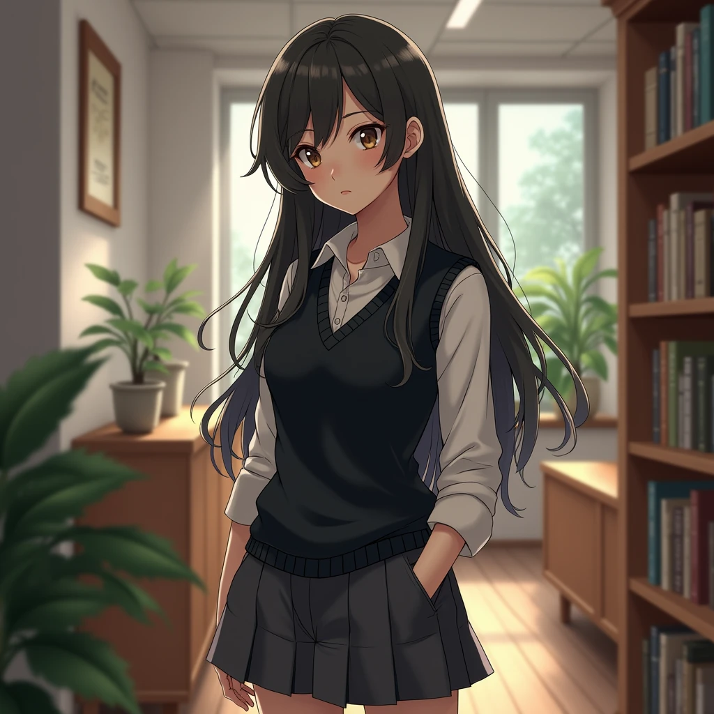 A student with long black hair, university uniform, Black Knitted, vest wearing casual clothes. She has a curious and gentle