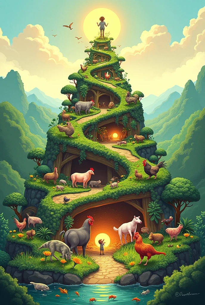 Make a energy flow in a pyramid way, where water spinach, fruit tree, rice are at the bottom part. And the primary consumers are chicken, shrimp, cow, rat.The secondary consumers are pig and fish, while the tertiary consumers are dog and catfish. And at the top of the pyramid is humans. Make an colorful image