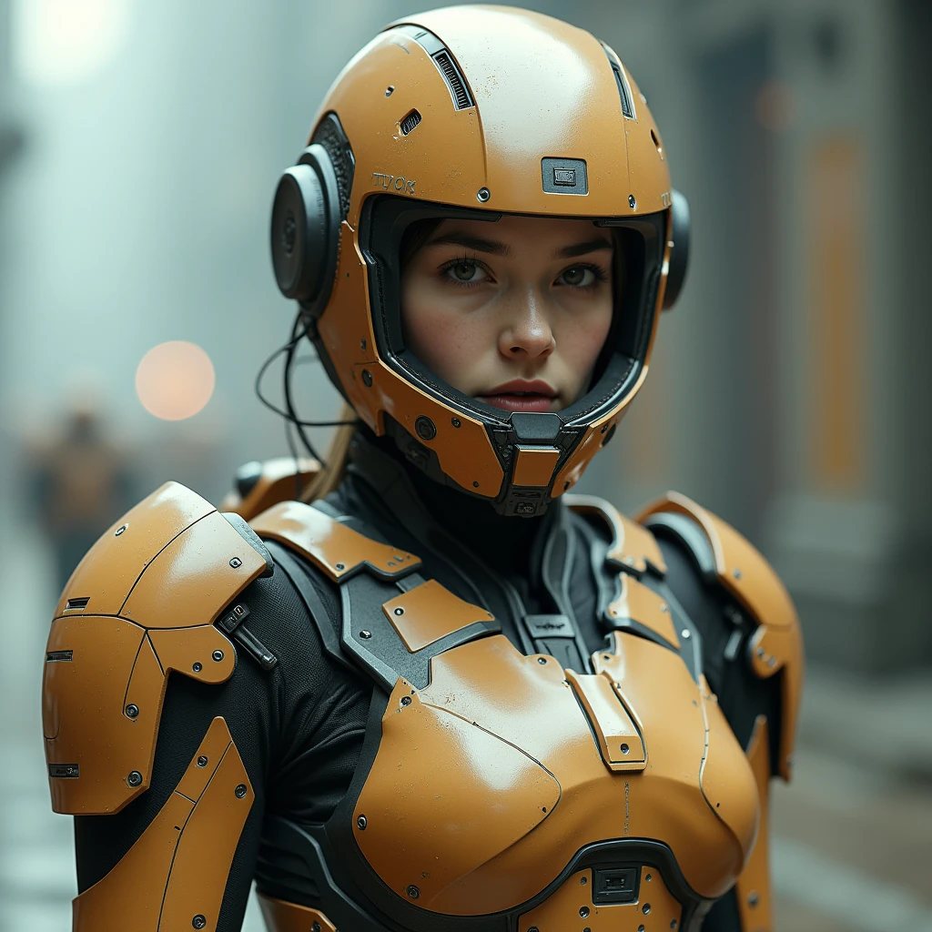 A Robot Girl with Rocketeer and helmet, tongs in hands, Tv head, pinhead, Black and Yellow Pink Cyan Rusty, Ambient in a meteorite crater super detailed, center, beautiful, soft lighting, focused on the character, 4K resolution, photorealistic rendering.