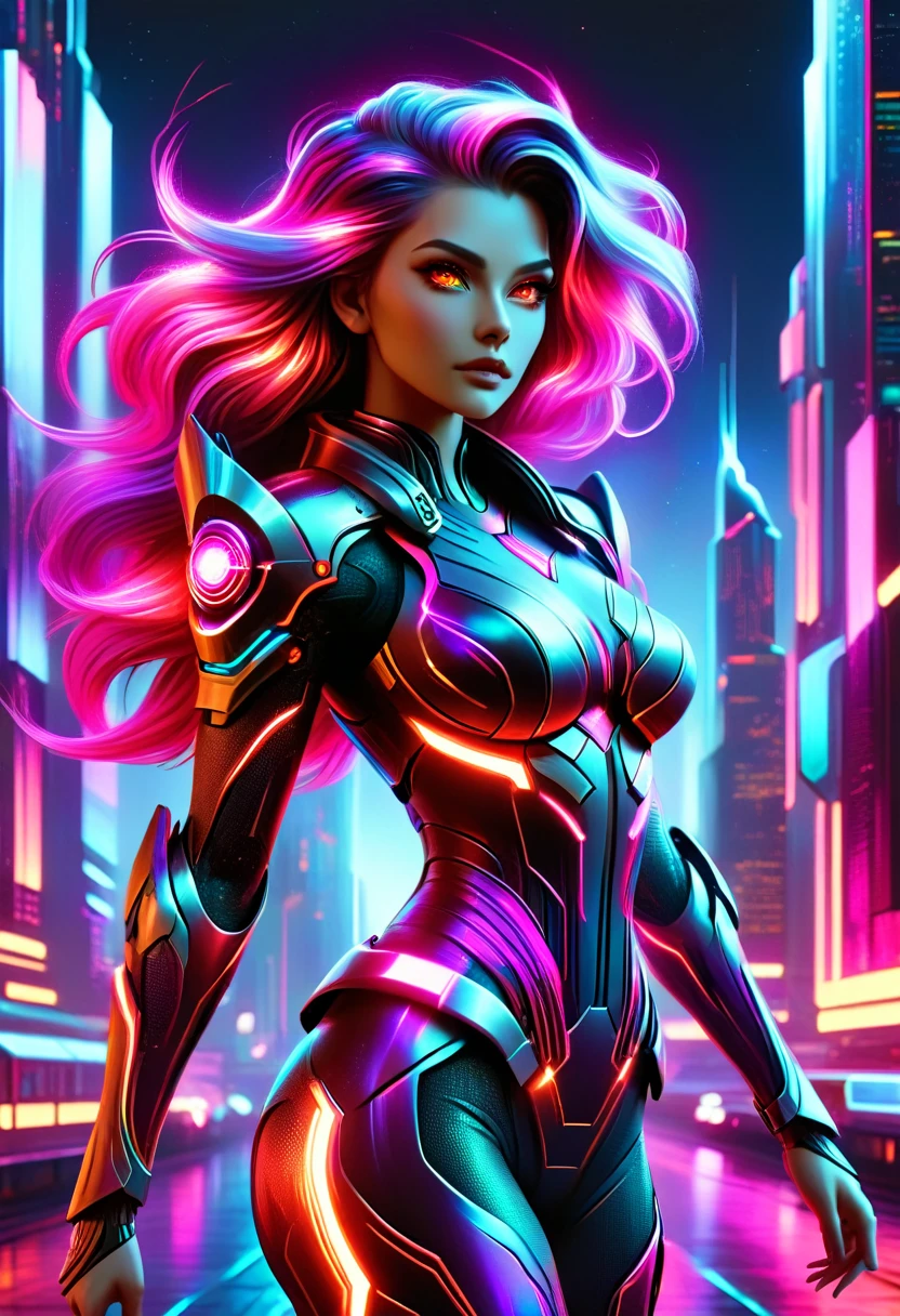 a cyberpunk neon goddess with flowing hair, glowing eyes, futuristic armor, standing in a city skyline of neon skyscrapers, cinematic lighting, highly detailed, 8k, photorealistic, intricate details, dynamic pose, vivid colors, neon lights, dramatic lighting, moody atmosphere, science fiction