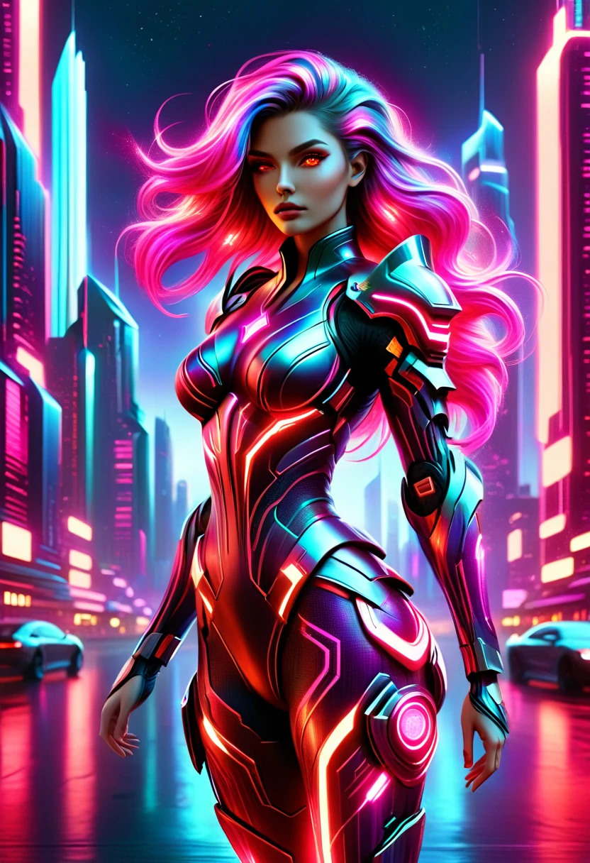 a cyberpunk neon goddess with flowing hair, glowing eyes, futuristic armor, standing in a city skyline of neon skyscrapers, cinematic lighting, highly detailed, 8k, photorealistic, intricate details, dynamic pose, vivid colors, neon lights, dramatic lighting, moody atmosphere, science fiction