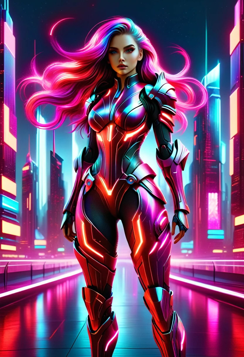 a cyberpunk neon goddess with flowing hair, glowing eyes, futuristic armor, standing in a city skyline of neon skyscrapers, cinematic lighting, highly detailed, 8k, photorealistic, intricate details, dynamic pose, vivid colors, neon lights, dramatic lighting, moody atmosphere, science fiction