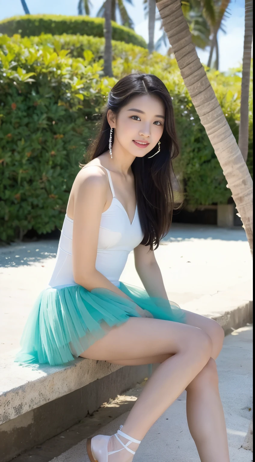 Young and beautiful,Beautiful cute girl，Half-length photo。Extremely beautiful and exquisite，Black hair，Sweet smile，Delicate, beautiful and fair skin，Reality vs. Reality，Exquisite and complete facial features，Facial details，High nose bridge，Smooth hair，Extremely fine hair，Femininity，Well-proportioned body，real，White Teeth，tie up with hair，Surrealism，sandals，Ultimate image quality,Highest precision,Precise and perfect human anatomy。Blue sky and white clouds，Sunlight，(Ballet Tutu)（Telephoto shooting，）Express the landscape，Under the coconut trees，highlight portrait。Sitting on the beach。Wearing earrings，Side view photo