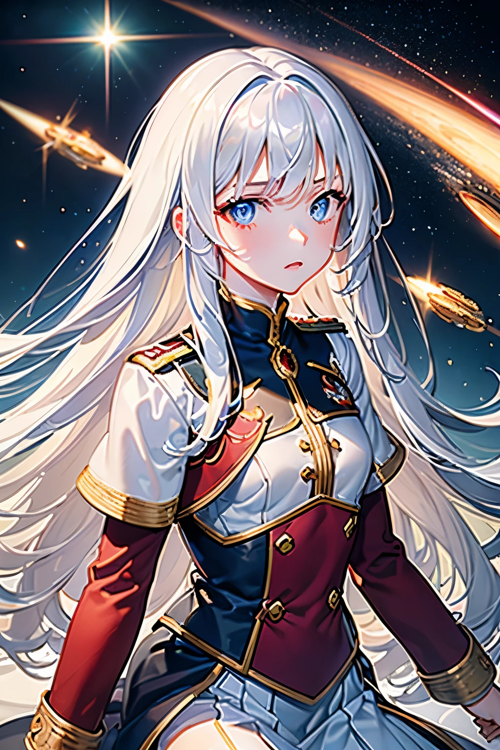 masterpiece,Highest quality,Very detailed,16 talented beautiful girls,Small breasts,White straight hair,Perfect Blue Eyes,very cute,Red military uniform,Sci-fi giant space city