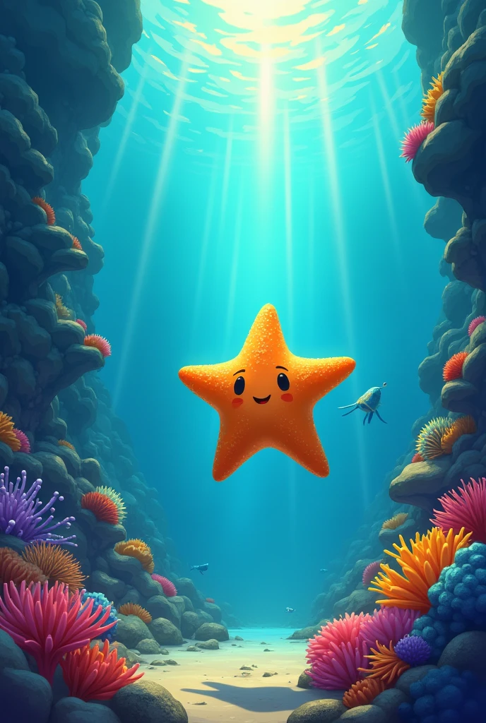 Title: The Brave Little Starfish

Cover Page:
A vibrant underwater scene with a small, smiling starfish at the center, surrounded by colorful coral, fish, and a warm sunlight beam filtering through the ocean.

Page 1: Introduction
"Deep beneath the sparkling waves of the sea lived a tiny starfish named Sandy. Sandy wasn’t like the other starfish. While most liked to stay still on rocks, Sandy dreamed of adventures!"

Illustration: A cheerful starfish looking up at the vast blue ocean, imagining faraway places.

Page 2: The Dream
"Sandy's biggest dream was to explore the Great Coral Reef, a place filled with glowing fish, hidden treasures, and mysteries to uncover. But everyone told Sandy, 'You’re too small to explore alone!'"

Illustration: Sandy surrounded by other starfish, looking worried but determined.

Page 3: The Challenge
"One day, a strong current swept through the reef, and many sea creatures lost their way. The wise old turtle, Toby, called for help, but no one was brave enough to swim against the current."

Illustration: A worried Toby the Turtle talking to sea creatures like colorful fish and shy seahorses.

Page 4: Sandy’s Decision
"Sandy knew this was the moment to prove everyone wrong. ‘I may be small,’ Sandy thought, ‘but I have a big heart!’ With a deep breath, Sandy swirled into the current, determined to help those in need."

Illustration: Sandy boldly jumping into the swirling waters, showing courage.

Page 5: Overcoming Fear
"At first, the current tossed Sandy around like a leaf in the wind. It was scary! But Sandy remembered the dream and pushed on. Along the way, Sandy found lost fish and guided them back home."

Illustration: Sandy smiling while leading a small school of colorful fish through swirling water.

Page 6: A Hero’s Welcome
"When Sandy returned, everyone cheered! Toby the Turtle smiled and said, ‘You might be small, Sandy, but you have the biggest bravery of us all!’ From that day on, Sandy was known as the bravest little starfish 