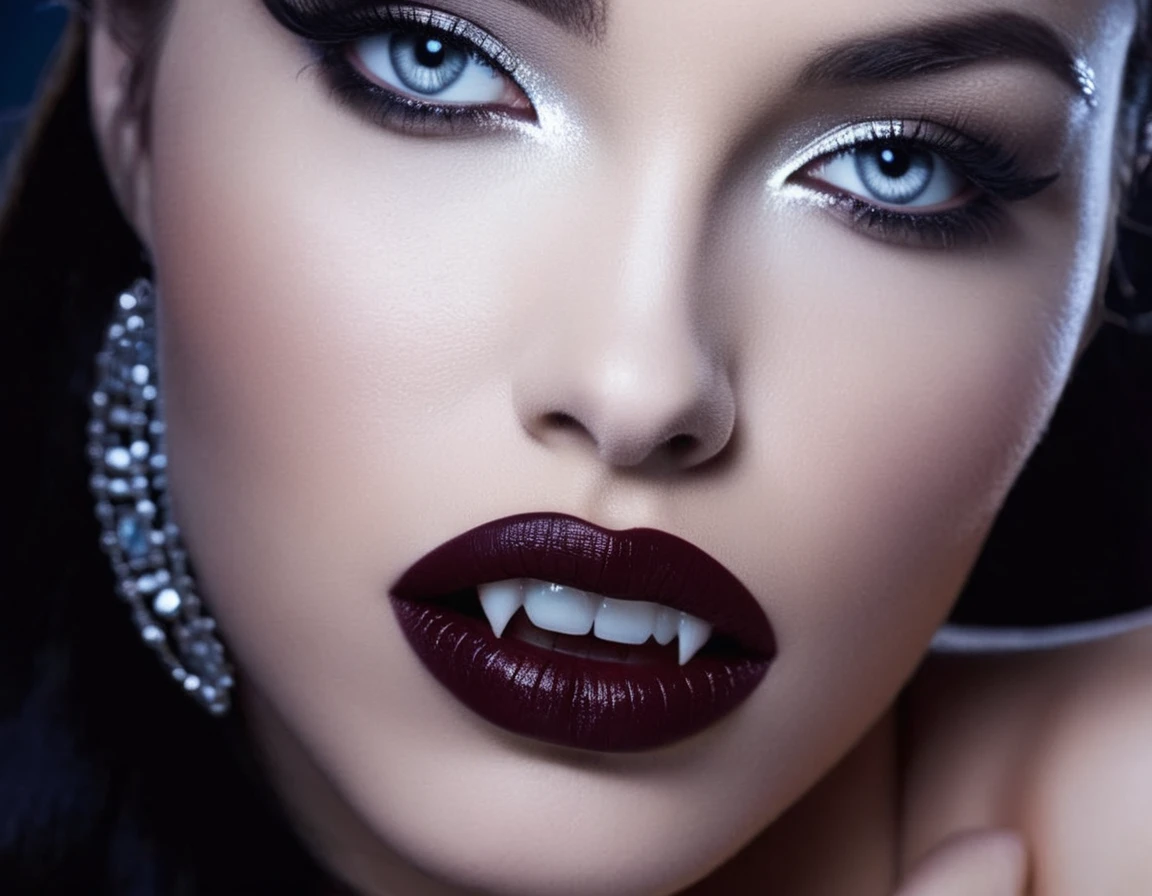 A sensual close-up captures the vampire's mouth in a sultry front view. The lips curve into a seductive smile, revealing a gleaming row of teeth, including sharp canines transformed into pointed fangs. Her tongue, slick with saliva, darts and licks the tips of her upper fangs, exuding an air of tantalizing intimacy. Gothic horror, vampiress, professional, vivid colors, perfect anatomy, ideal facial features, ideally proportioned figure, perfectly beautiful body, super detailed skin, glossy skin, glistening skin, fresh white skin, Glamor, soft and curvy, body conscious, upper body shot, Straight-on shot, Portrait, black long hair, Forehead, arched eyebrows, double eyelids,  blue eyes, Eyelashes, nose, nostrils, full lips, dark lipstick, glossy lips, (A slightly open whispering mouth, teeth, vampire fangs), neck, collarbone, deep cleavage, Upper breast swelling, Gigantic Breasts, shallow depth of field, entirety of sharp focus, vignette, highly detailed, high budget, bokeh, cinemascope, moody, epic, gorgeous, film grain, grainy, masterpiece, incredibly absurd resolution, absolutely resolution, ultra high resolution, Vampire Fangs,
