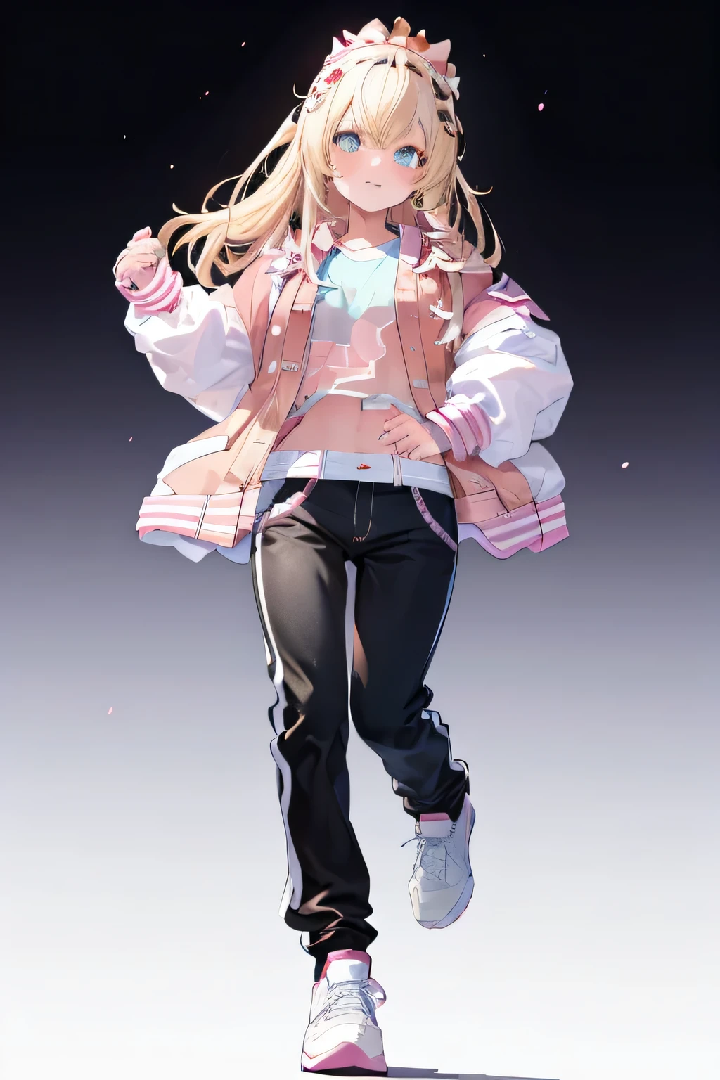 pink letterman jacket, black long pants, full body, high quality, run way, White background,