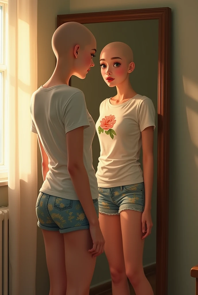 Photographing someone, A bald girl from , de 1,45 meters high, soft face with European features, innocent face, Very beauthful, with medium breasts, with a medium-sized butt, wearing patterned cotton shorts and a printed T-shirt, inside the room , with morning light coming through the window, admiring themselves in the mirror.