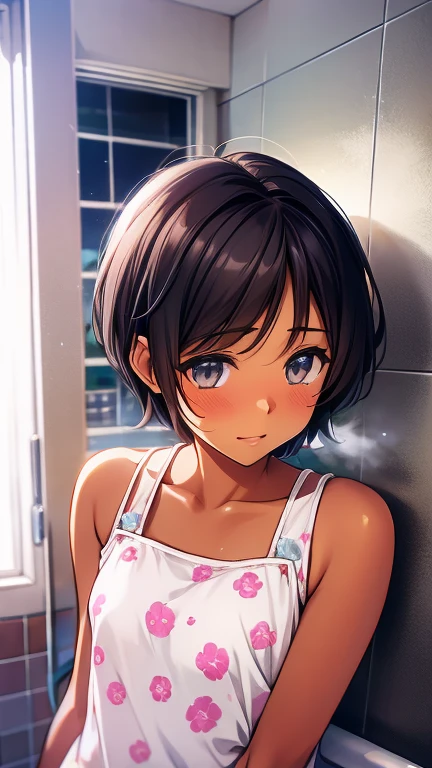 Highest quality、Realistic、、zoom、Primary school students、cute、Light grey eyes、Black Hair、short hair、Tanned brown skin、Dark Skin、Light pink bra with small character print、Light pink panties with small letters printed on them、Embarrassed laugh、Flat Chest、。Low length、Bust Shot、Shower room、Spill milk on your chest